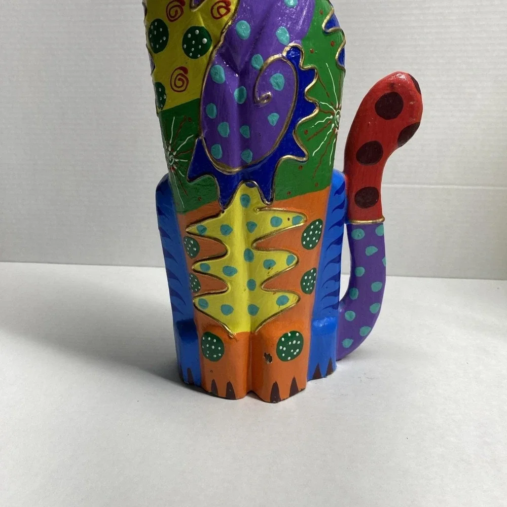 Hand-Painted Wooden Cat Figure Multicolor Folk Art Sculpture - Picture 8 of 14